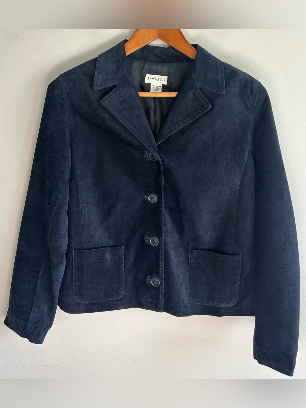 Ann Taylor Womens Leather Suede Jacket Blazer Size M Navy Blue USA Vintage EUC